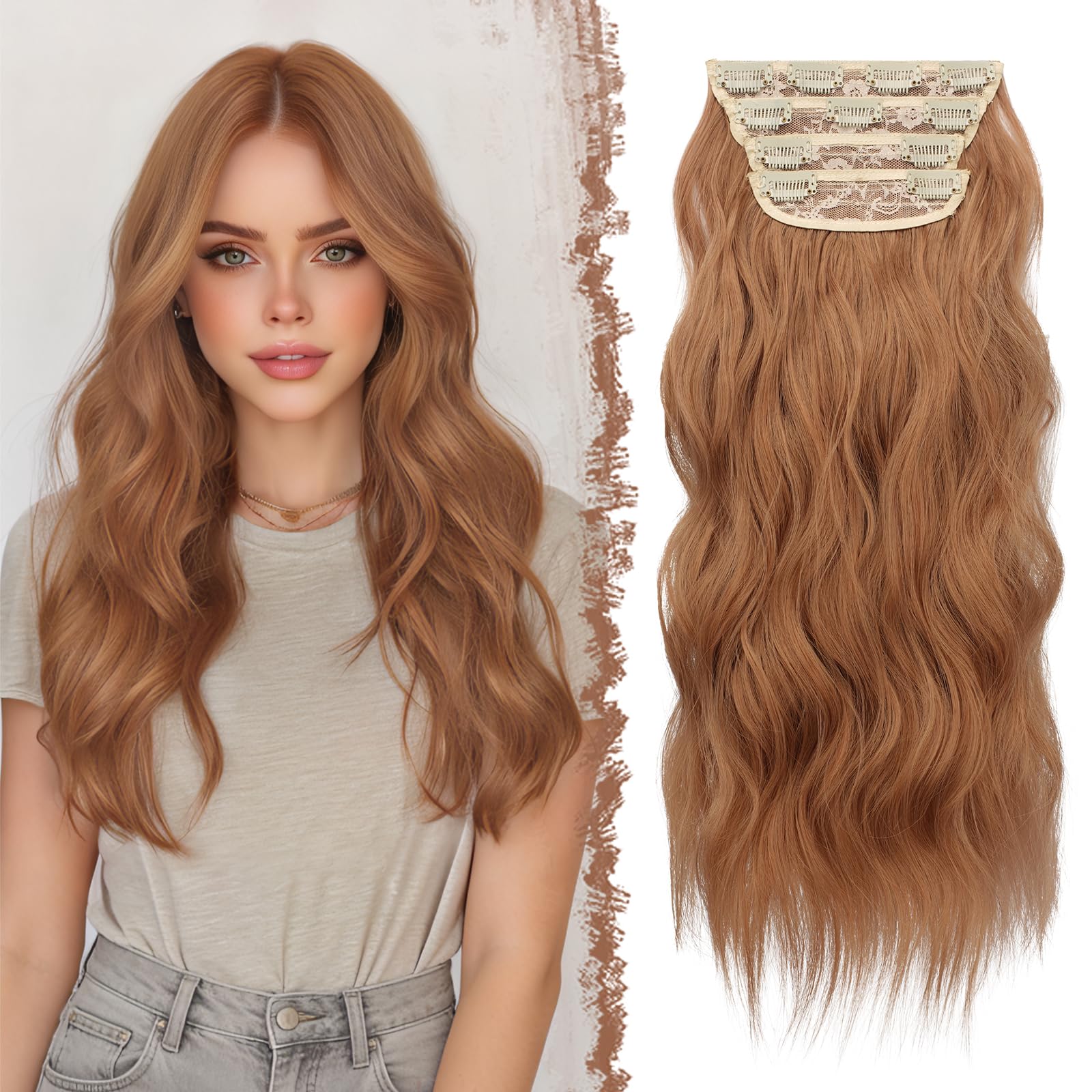 FESHFEN Clip in Hair Extensions 4PCS Auburn Brown Thick Highlight Hairpieces Long Wavy Clip in Hair Piece Full Head Synthetic Fiber Hair Extensions for Women, 20 Inches 180g โ image 1