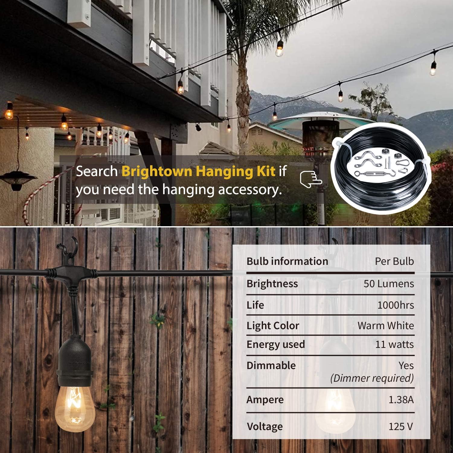 Minetom 48Ft Outdoor String Lights with 15 Hanging Sockets & S14 Edison Bulbs, UL Listed Commercial Grade Connectable Weatherproof Strand for Patio Deck Backyard Garden Porch Cafe Wedding Party, Black - - 