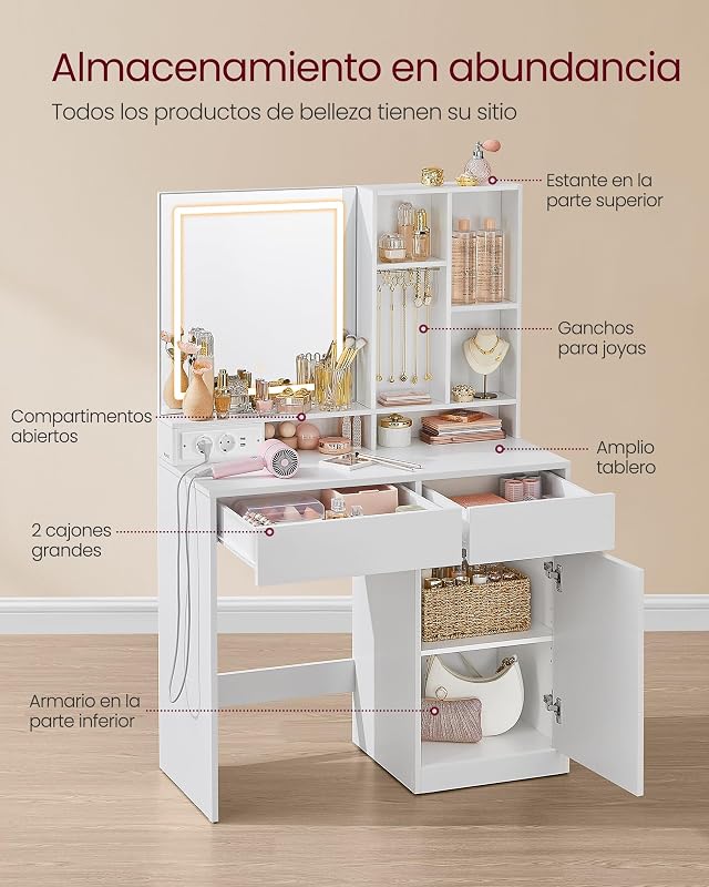 Kailyn Colección - Tocador con Luces LED, Regleta de Enchufes, Luz Regulable en 3 Colores, Mesa de Maqueillaje con Cajones, Ancho de 90 cm, para Dormitorios, Blanco Nube RDT134W01