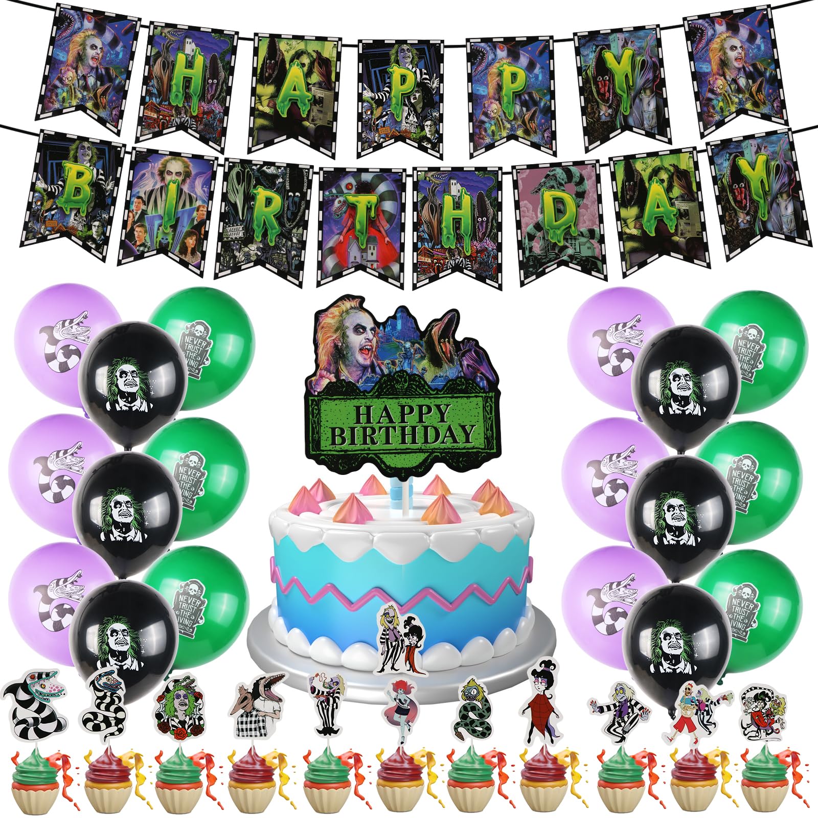 Photo 1 of Horror Birthday Party Decorations, Halloween Birthday Party Supplies Decorations Set Include Banner, Balloons, Cake Toppers and Cupcake Toppers for Home Classroom Decor