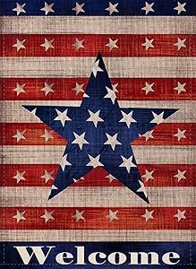 Dyrenson 4th of July Patriotic Star Garden Flag Welcome Double Sided, Primitive Quote Burlap House Yard Décor, Home USA Vintage Holiday Decorative Small Seasonal Outdoor Flag 12 x 18