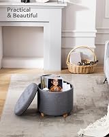 HNNHOME 45cm Round Linen Padded Storage Ottoman with Lid Lava view 6