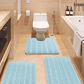 Striped Spa Blue Bathroom Rug Set 3 Pieces Ultra Soft, Non Slip Chenille Bath Carpet, Absorbent Plush Shaggy Bath Mats for Bathroom, Toilet, Bedroom, Kitchen