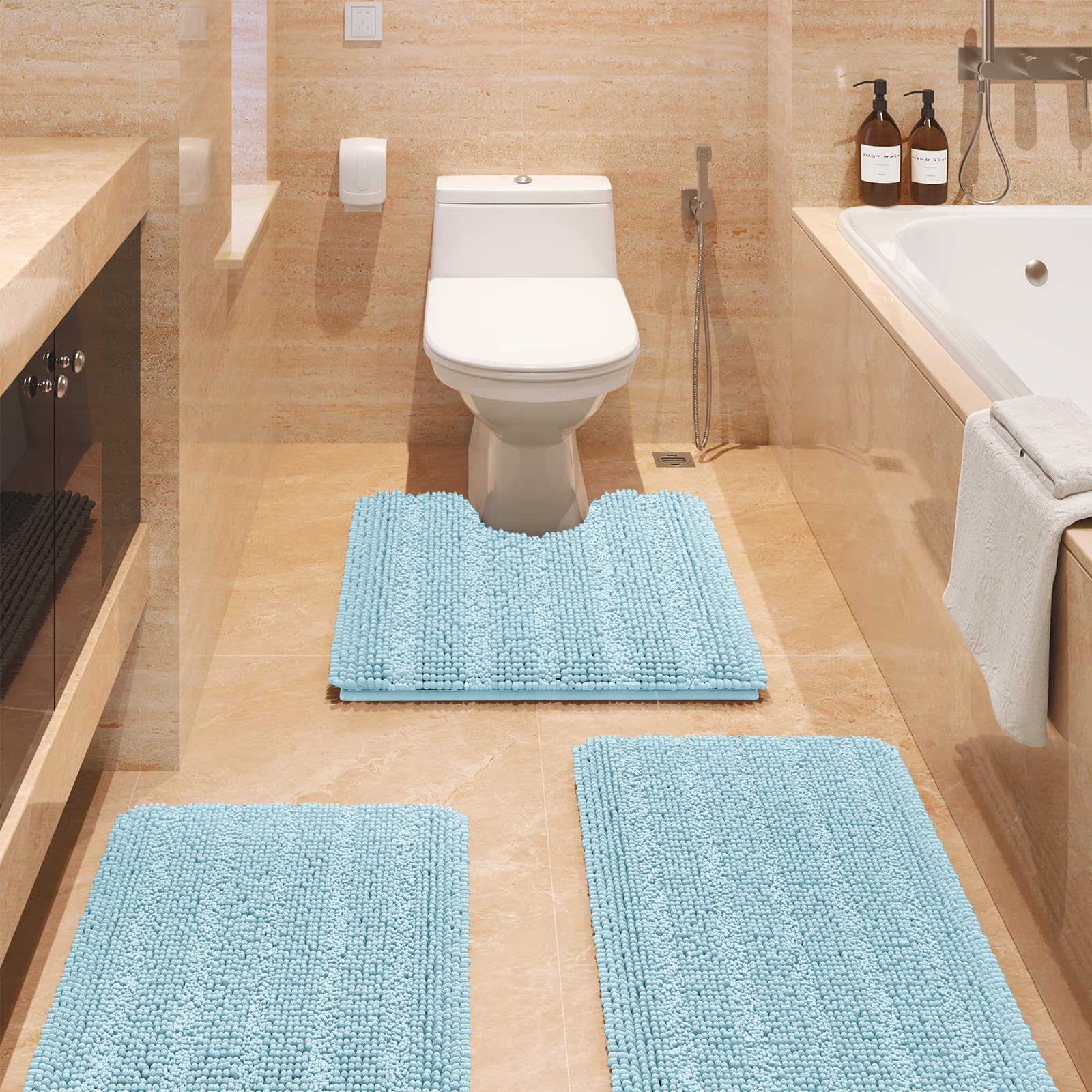 Striped Spa Blue Bathroom Rug Set 3 Pieces Ultra Soft, Non Slip Chenille Bath Carpet, Absorbent Plush Shaggy Bath Mats for Bathroom, Toilet, Bedroom, Kitchen Image