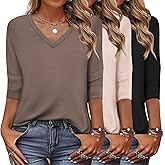 Zeagoo Women's T Shirts 3 Pack 3/4 Sleeve V Neck Basics Tees Casual Loose Fit Soft Fall Tops Outfits 2025 S-XXXL