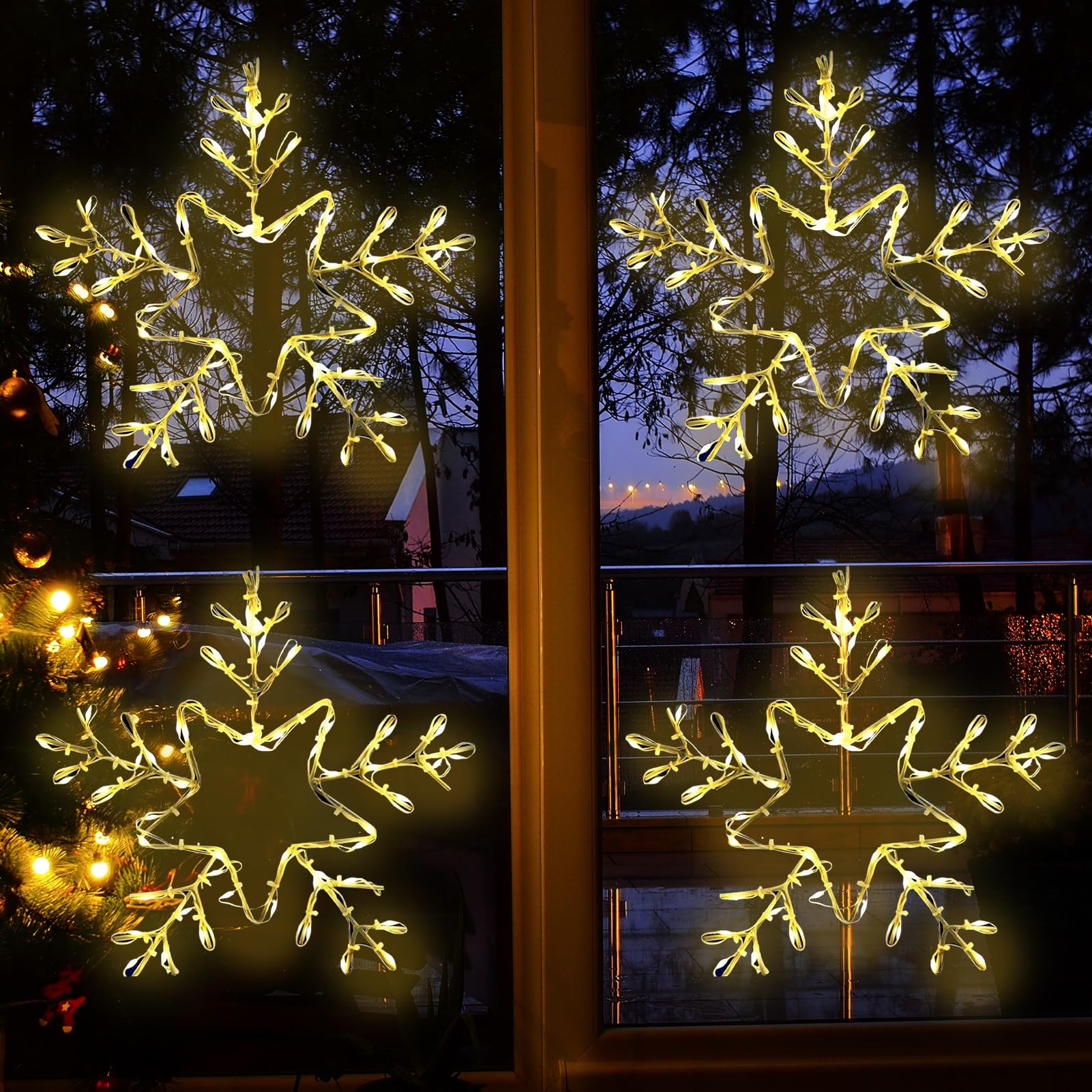 Photo 1 of 4 Pack Christmas Window Snowflake Lights, LED Hanging Decorations Iron Frame Lights, 8 Lighting Modes for Xmas Holiday Indoor Outdoor Wall Party Decor