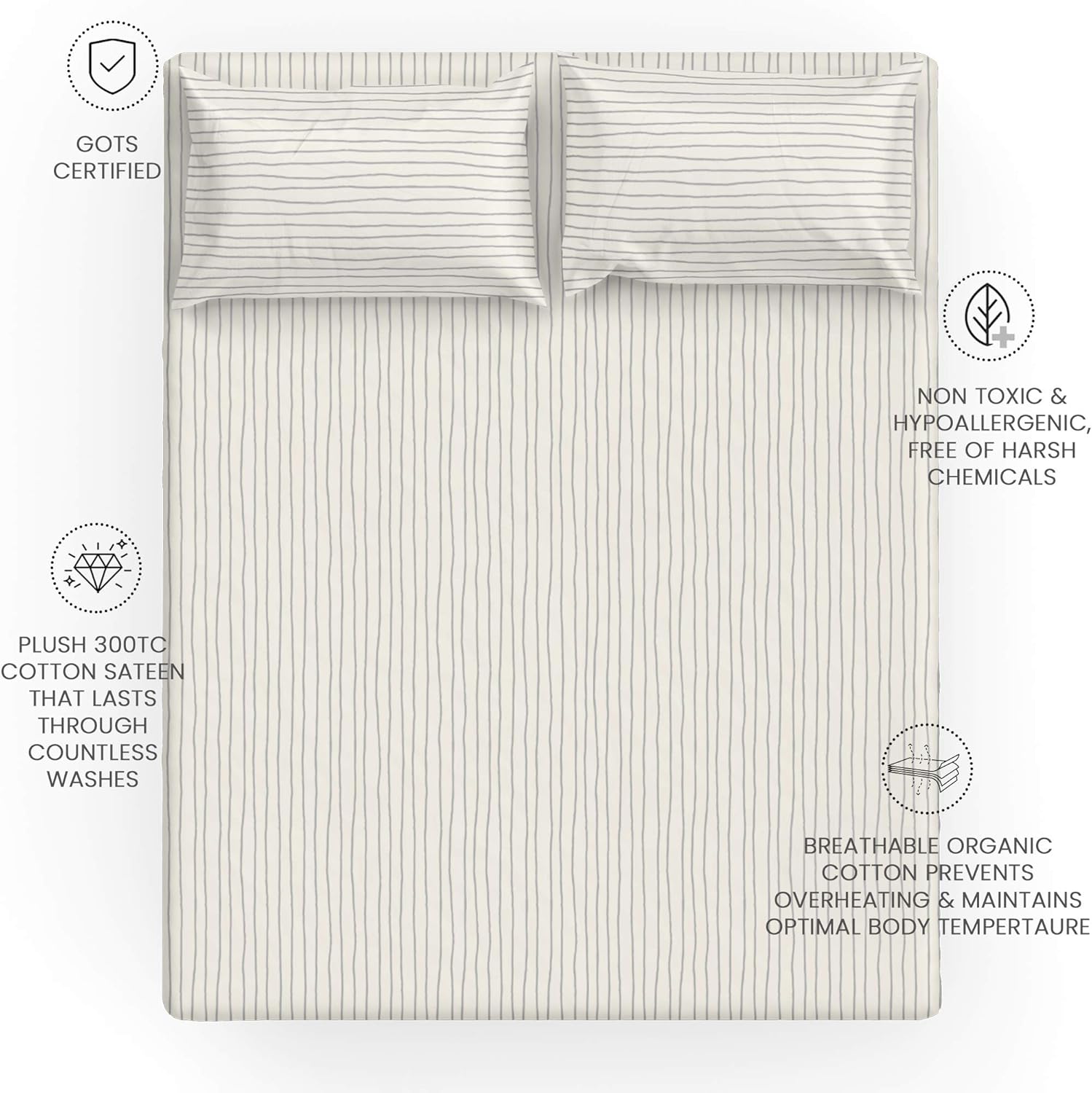 Makemake Organics Organic Sheet Set Queen (4 Piece) GOTS Certified Organic Cotton Sheets Queen Dreamy Soft Anti Allergy Non Toxic Fitted Sheet, Flat Sheet, Pillow Cases (Queen, Gray Stripes): Kitchen & Dining