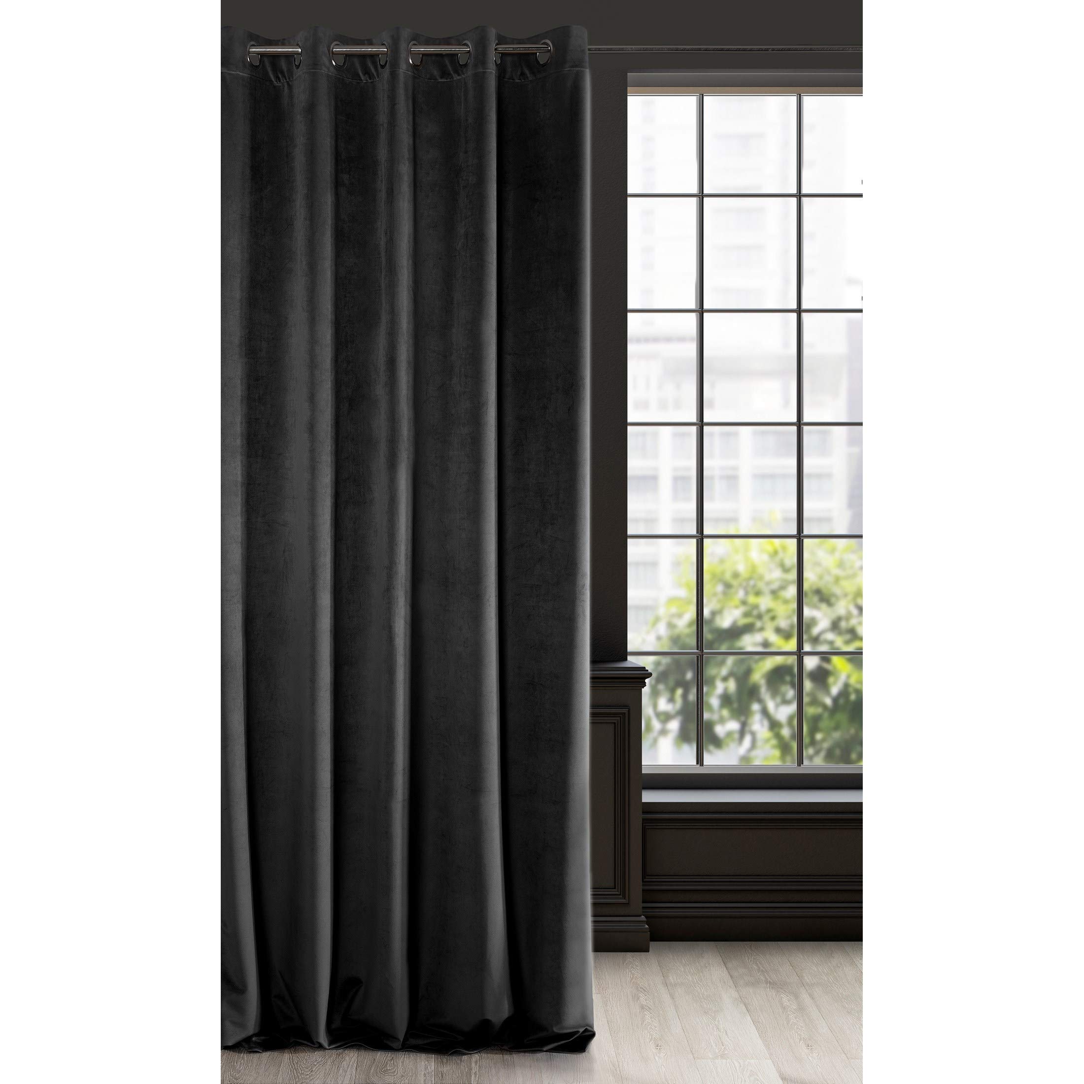 Eurofirany Soft Plain Opaque Velvet Curtain with Eyelets - 1 Unit, Thick Fluffy Panel Drape Classic Glamour Elegant Living Room Bedroom, W55'' x L98.4'', 140x250 cm, Black