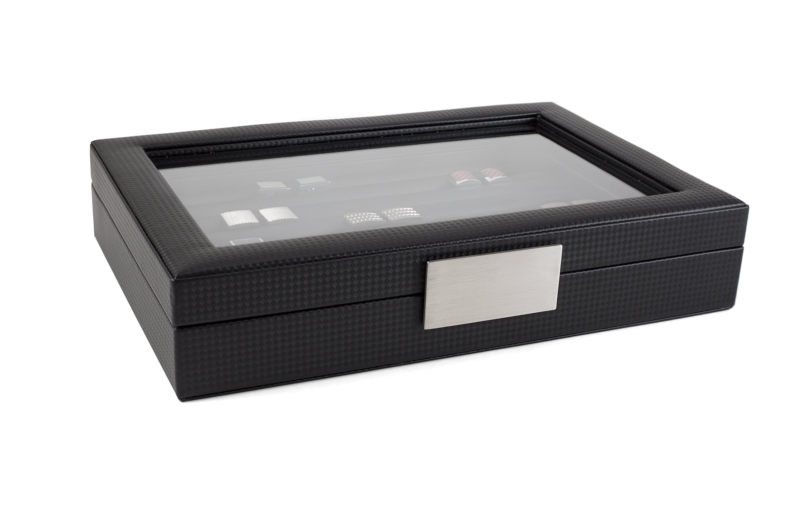Cufflink Box for Men - Holds 70 Cufflinks - Luxury Display Jewelry Case Design - Metal Buckle Holder, Large Glass Top