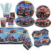 Obussgar Monster Trucks Birthday Decorations - Monster Trucks Party Supplies including Plates, Cups, Napkins, Tablecloths for Boys - Serves 20 (6-20)