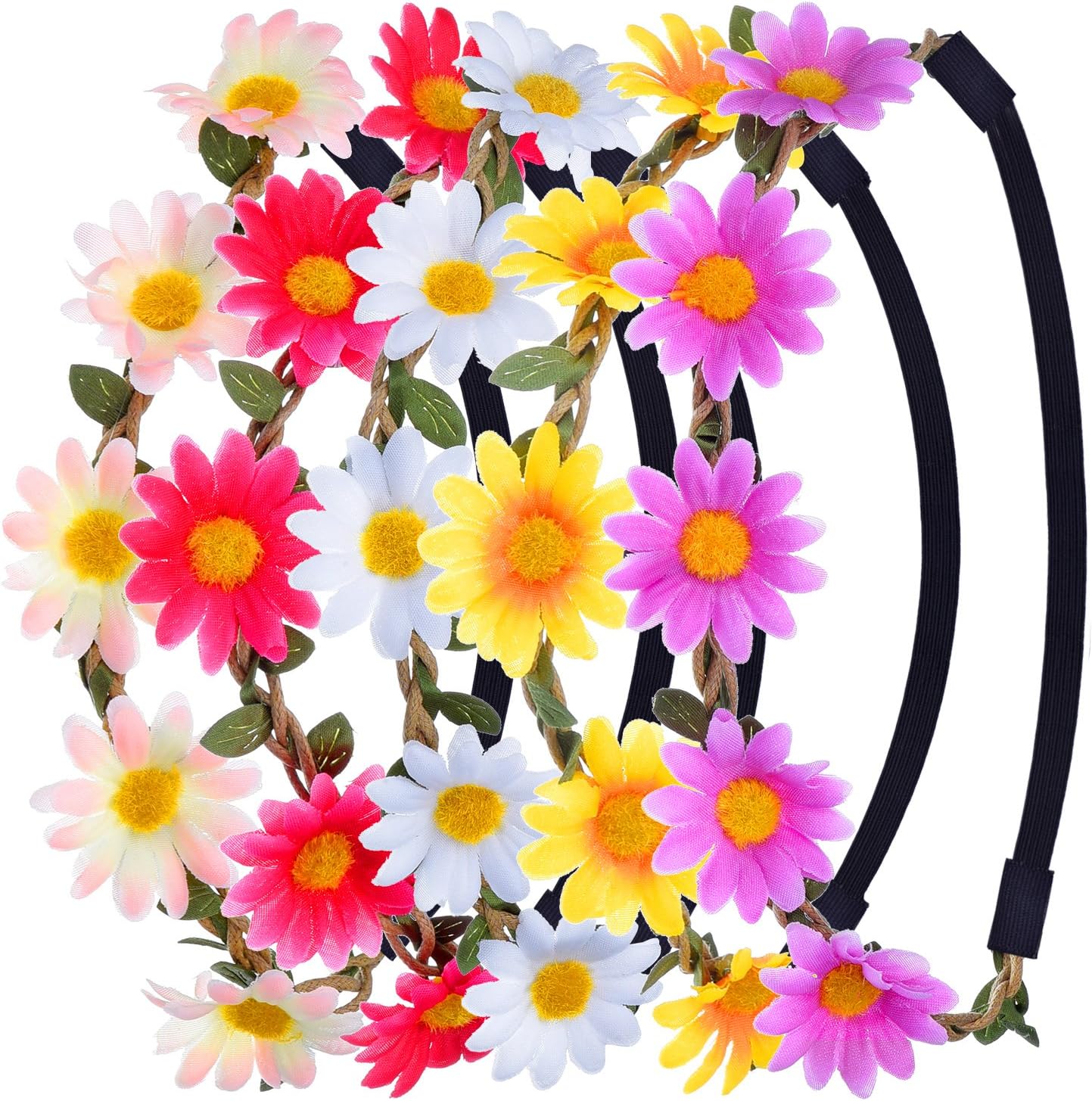 Multicolor Daisy Flower Headband Crown with Adjustable Elastic Ribbon