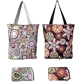 NC Large Foldable Waterproof Lightweight Durable Reusable Grocery Tote Bags, Sturdy Daily Shopping Tote Bag, Colorful Floral Style with Zipper Closure, 2 Pack