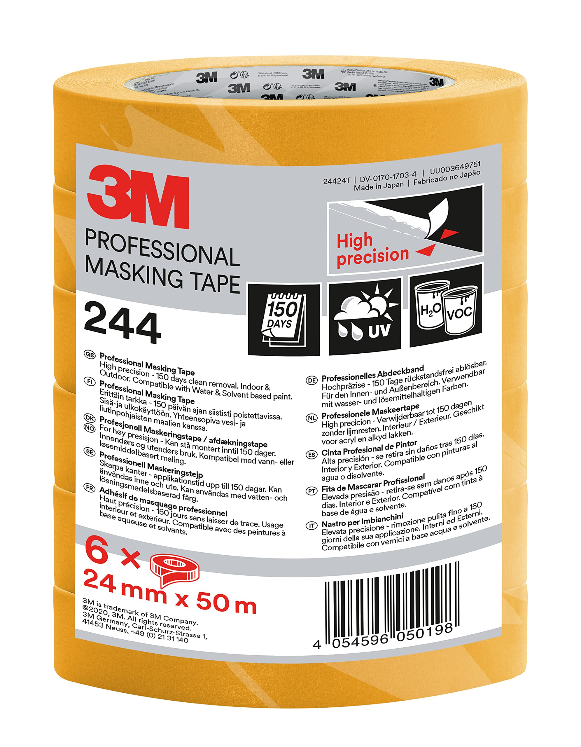 3M Professional Masking Tape 244, Universal Surfaces, Painters Tape, 24 mm x 50 m, 6 Rolls - High Precision, UV and Water Resistant, For Indoor & Outdoor