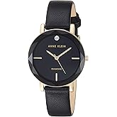 Anne Klein Women's Genuine Diamond Dial Gold-Tone and Black Leather Strap Watch, One Size