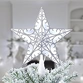 Brightown Christmas Tree Topper Star Lighted 3D Hollowed Sliver Pentagram Built-in 10 Bulbs Glitter Sparkling White Christmas Tree Star Topper Plug in Vintage Indoor Holiday Xmas Decorations Ornaments