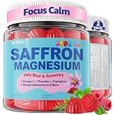 Saffron + Magnesium Glycinate + Omega-3 - Calm Focus Gummies for Kids Teens | Saffron Extract Supplement with L-Theanine, Holy Basil, Rosemary, B6, D3 for Happy Mood, Cognition, Nerve, Sugar Free, 2 Pack