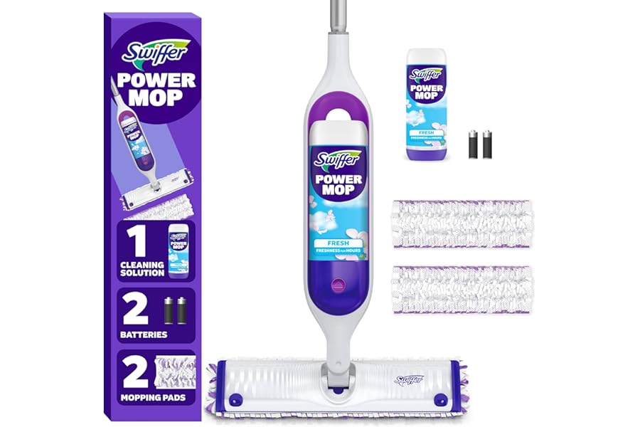 Swiffer PowerMop Multi-Surface Mop Kit for Floor Cleaning, Fresh Scent, Mopping Kit Includes PowerMop, 2 Mopping Pad Refills, 1 Floor Cleaning Solution with Fresh Scent and 2 Batteries