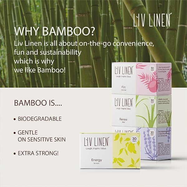 LIV LINEN – BAMBOO DEODORANT WIPES – 30 COUNT – INDIVIDUALLY PACKAGED – AROMATHERAPY SCENT (ALOE)