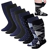 Twistover 8 Pairs Diabetic Dress Crew Socks for Men Non-binding Loose Top Extra Wide Dress Socks for Swollen Feet(Classic,Dark Blue)