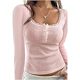 Floerns Women's Cute Long Sleeve T Shirt Lace Trim Scoop Neck Button Front Tee Shirts