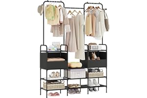 Laiensia Clothes Rack,3 Rods Portable Clothing Hanging Garment Rack,Coat and Shoe Rack with 9 Storage Shelves and 2 Storage Pockets,for Bedroom,Entryway,Living room,Black