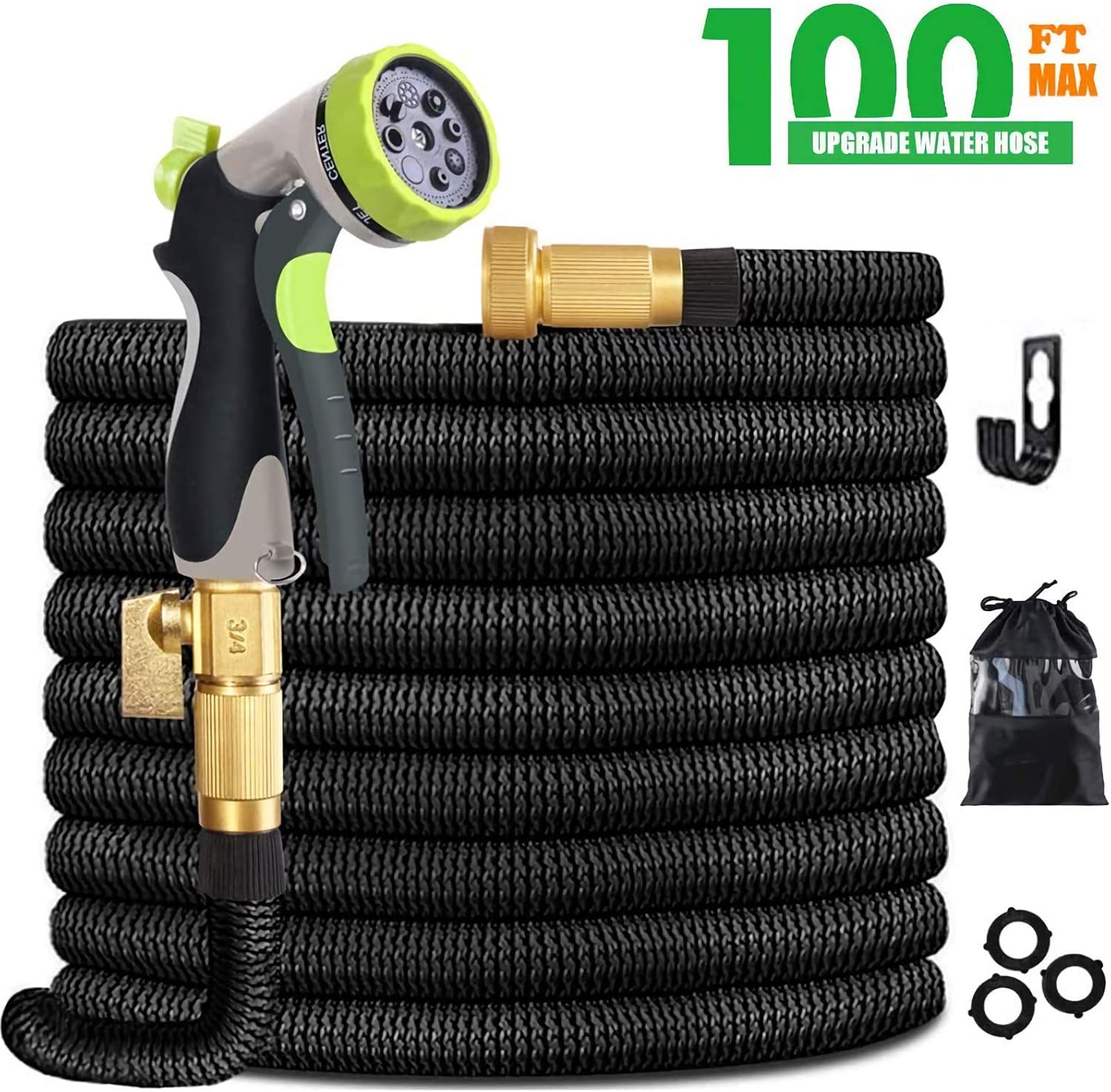 JAJ 100 ft Expandable Garden Hose Set Retractable Lightweight Durable Flexible Water Hose with 3/4 Nozzle Solid Valve and High Pressure Water Spray Nozzle Hoses : Garden & Outdoor