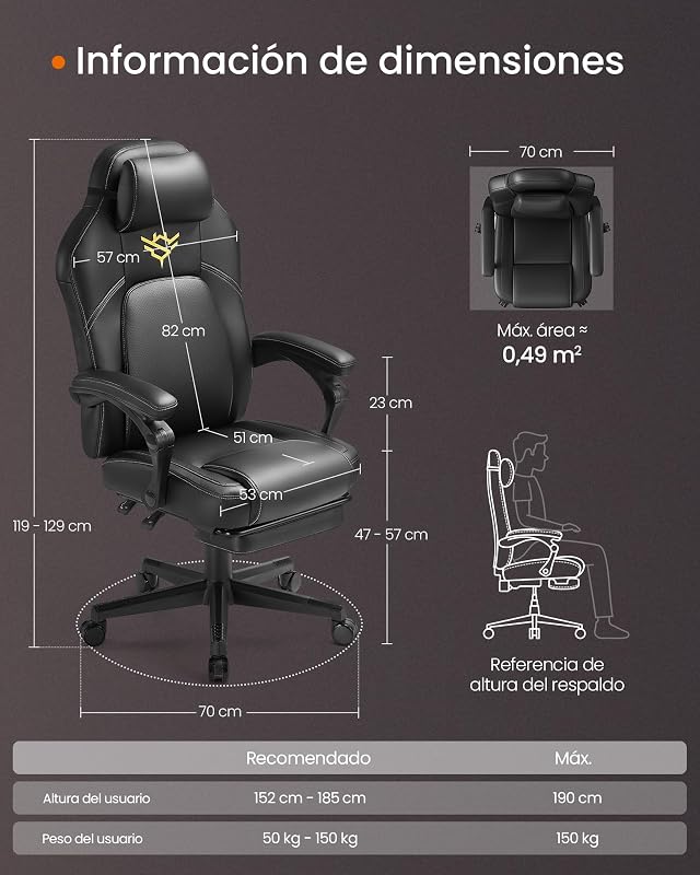 Cadeira de jogos, cadeira ergonómica de computador de corrida com apoio para os pés, com apoio de cabeça, couro sintético, altura ajustável, tinta preta OBG072B01