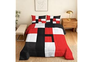 Red and Black Geometric Comforter California King Size, Retro Mid Century Comforter All Season Down Alternative California Ki