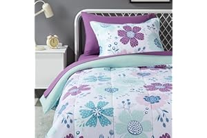 Amazon Basics 5 Piece Soft Microfiber Kid's Bed-in-a-Bag Bedding Set, Twin, Bluish Flowers, Floral