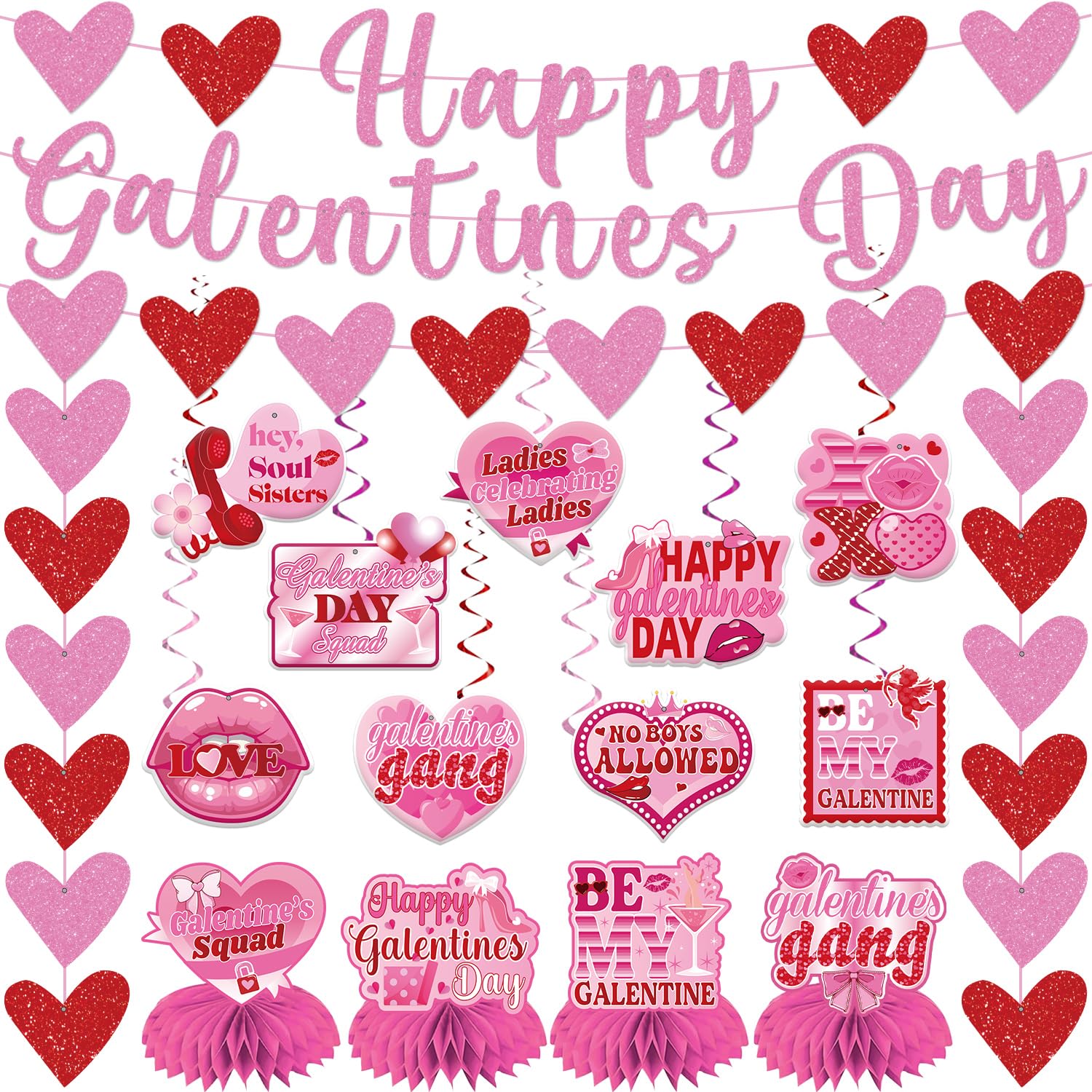 Photo 1 of 53pcs Galentines Day Decorations Set Include No-DIY Pink Red Glitter Happy Galentines Day Banner Heart Garland Hanging Swirls Honeycomb Centerpieces for Home Office Galentine’s Party Decor Supplies