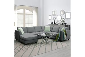 P PURLOVE Modern Large Sectional Sofa, L Shape Fabric Sofa Corner Couch Set with Ottoman and 3 Pillows, Extra Wide Chaise Lounge Couch for Living Room Apartment, Grey