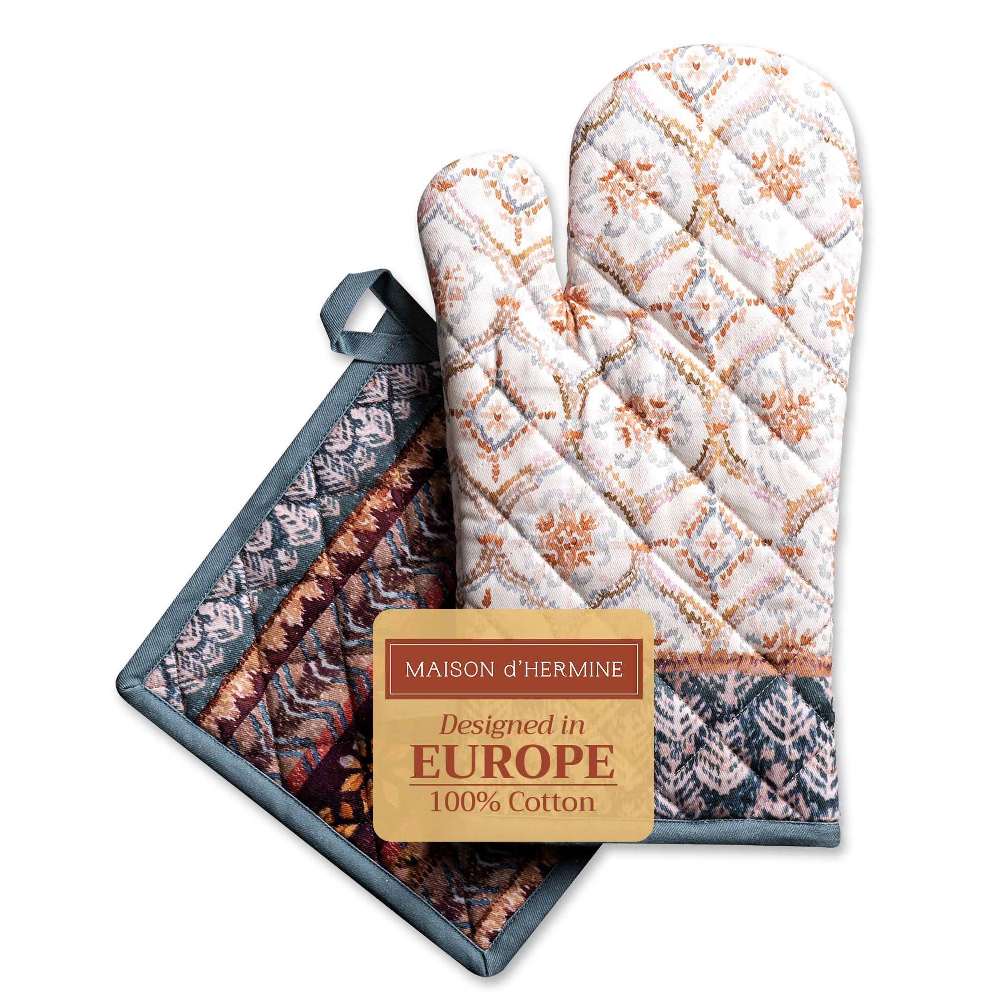 Maison d' Hermine 100% Cotton Oven Mitt & Pot Holder Set (19 x 33 cm & 20 x 20 cm) Heat Resistant BBQ Cooking Gloves with Loop for Christmas Decorations Baking Handling Hot Pans (Fair Isle)