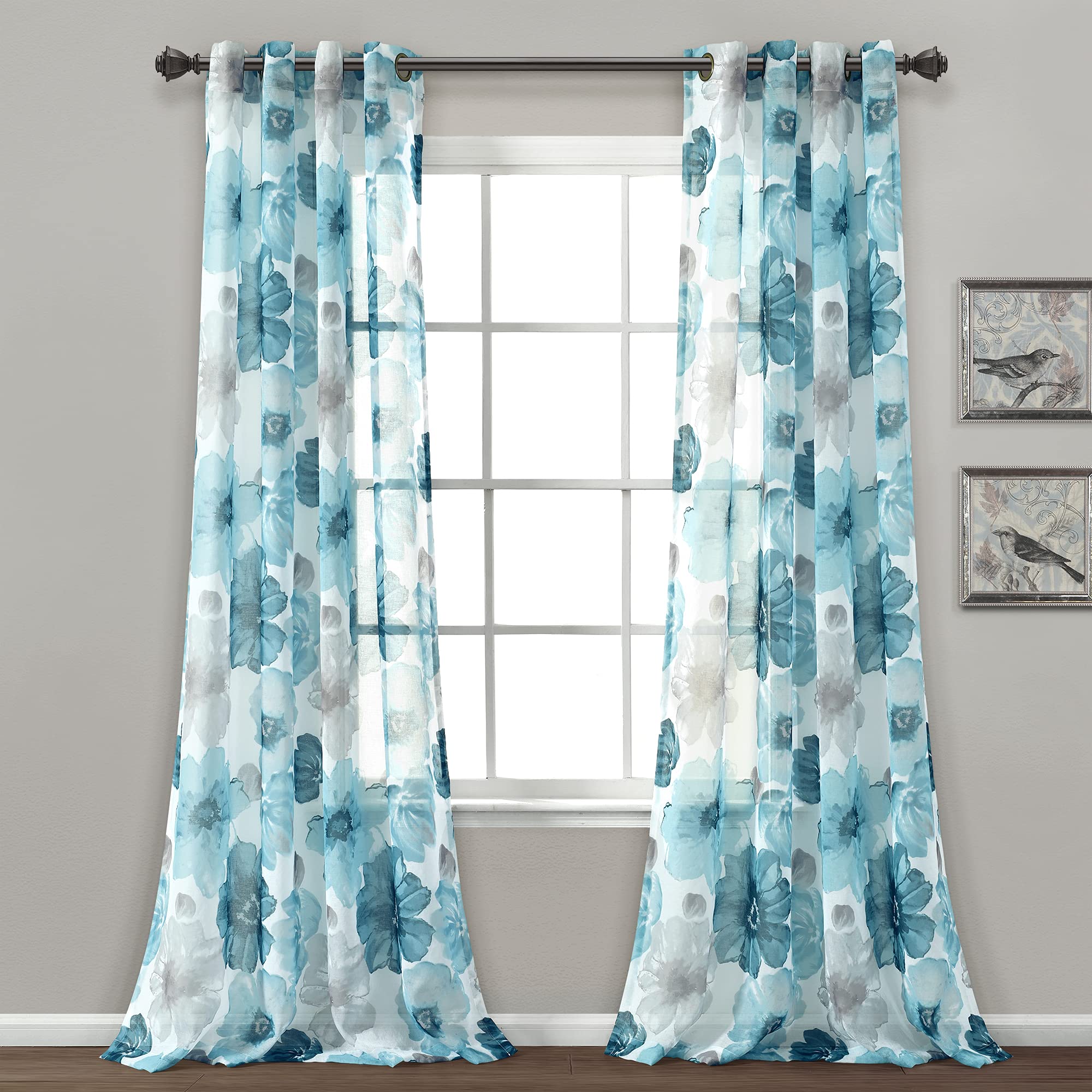 Lush Decor Leah Floral Sheer Window Curtain Panels, Pair, 52" W x 84" L, Blue - Floral Curtains - Colorful Spring Watercolor Flowers - Sheer Curtains for Bedroom, Living Room & Dining Room