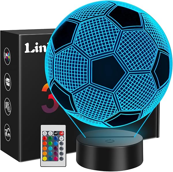 Linkax Fussball Geschenke Jungen Mädchen, Ostergeschenke Kinder Kommunion Ostern Geschenk Junge 5 6 7 8 9 10 11 12 jahre, 3D Fußball Nachtlicht Zimmer Deko Optische Täuschung Lampe 16 Farben