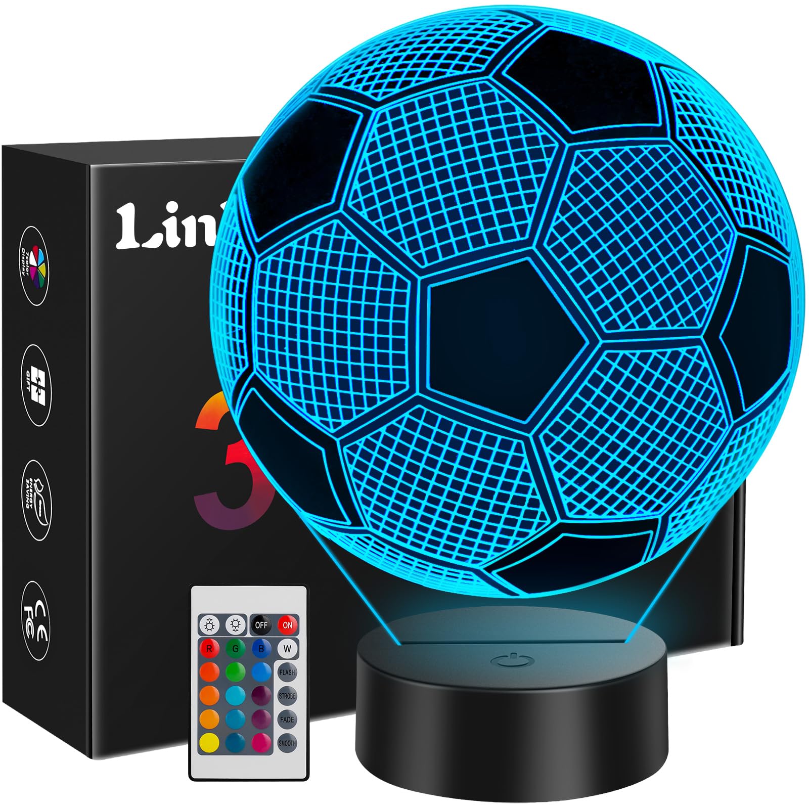 Linkax Easter Gifts for Kids Teenage Boy, Football Gifts for Boys, 3D Illusion Football Night Light for Girl Bedroom Decor, 16 Colors Change 5 6 7 8 9 10 11 12 Year Old Boy Birthday Gifts