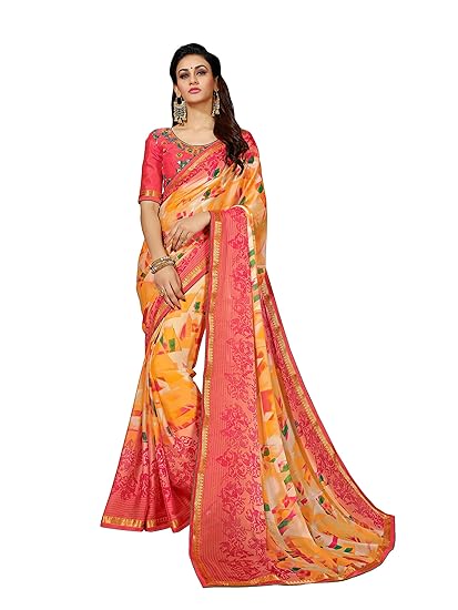 Women's Pure Georgette Saree with Blouse Piece (Orange)