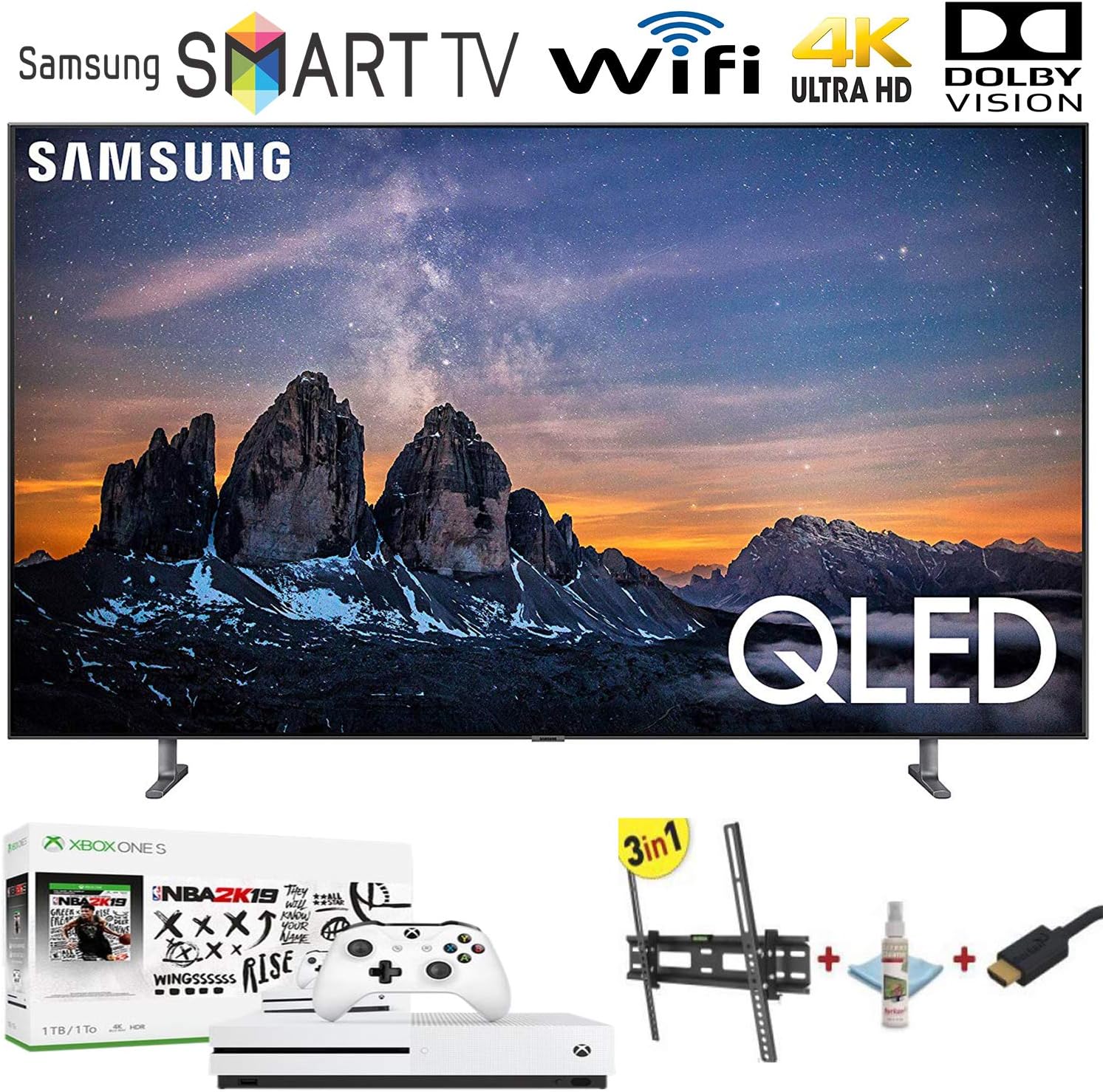 Samsung QN75Q80RAFXZA Flat 75'' QLED 4K Q80 Series (2019), Xbox One S NBA 2K19 Bundle, Wall Mount Kit (Includes The Wall Mount, HDMI Cable, TV Cleanser Spray, Fiber Cloth)