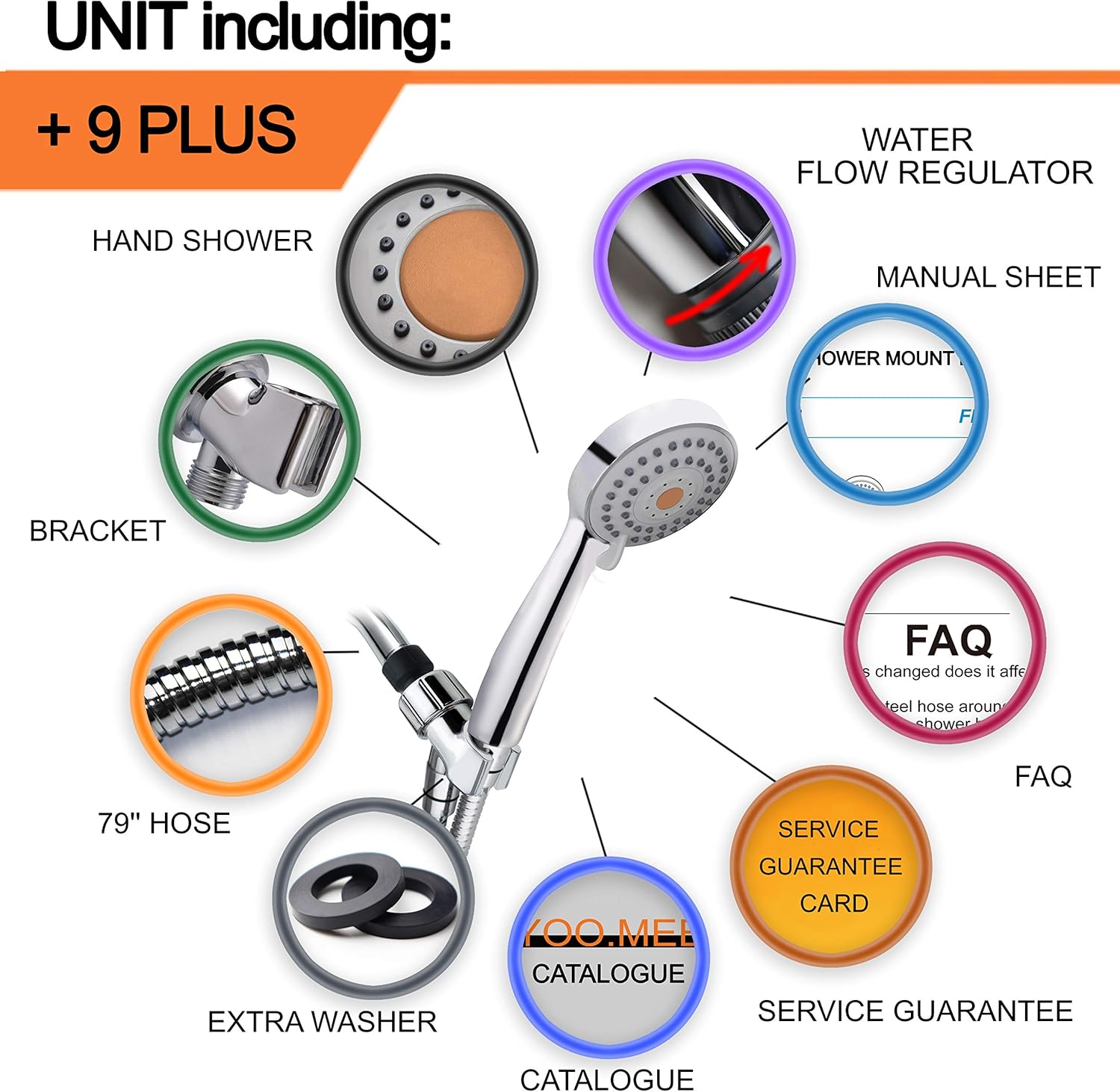 High Pressure Handheld Shower Head with Powerful Shower Spray against Low Pressure Water Supply Pipeline, Multi-functions, w/ 79'' Hose, Bracket, Flow Regulator, Chrome Finish - - 