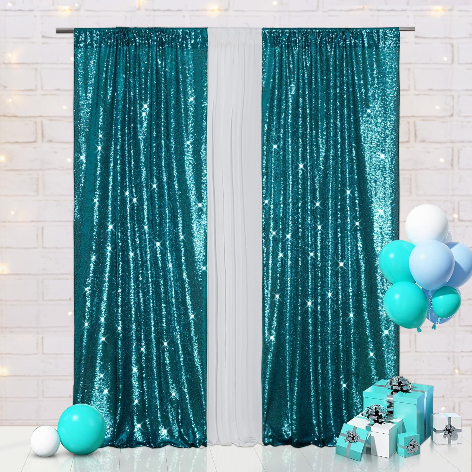 2Pieces Sequin Backdrop 2ftx8ft(60x243cm) Shiny Seamless Photo Booth Curtain for Party Wedding Decoration Photo Background, Teal — image 1