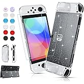 Clear Glitter Dockable Case Cover for Nintendo Switch OLED, FUNDIARY Shockproof Case Clear Protective Shell for Switch OLED Console and Comfort Grip for Joycon with Screen Protector and 12 Thumb Caps