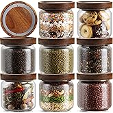Suclain 8 Pcs Ribbed Glass Jars with Wooden Lid Airtight Fluted Storage Container Striped Food Organization Canisters for Pasta, Coffee, Candy for Home & Kitchen (12 oz)