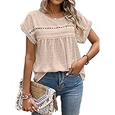 SweatyRocks Women's Crewneck Short Sleeve Blouses Casual Lace Crochet Loose Fit Blouse Shirts Going Out