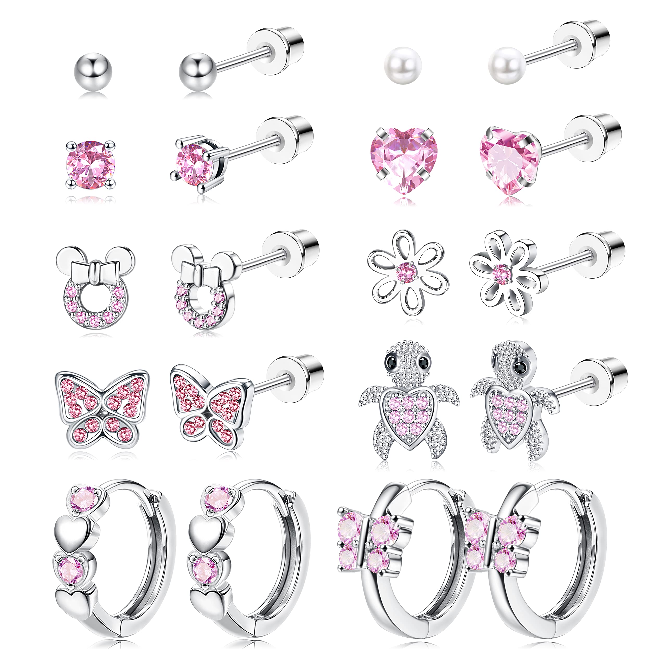 10 Pairs Hypoallergenic Screwback Earrings for Women 316L Stainless Steel CZ Heart Hoop Earrings Cute Flower Butterfly Screw Back Stud Earrings Set 20G