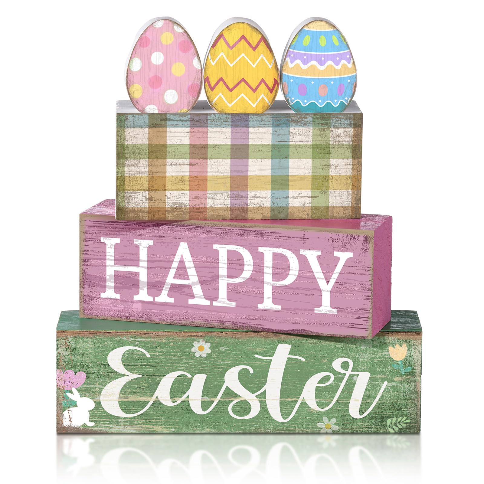 Lineshading 4 Pcs Easter Table Decoration Wooden Pastel Eggs - No Assembly Required Reusable Happy Easter Tiered Tray Decor, Perfect for Home Kitchen Party Farmhouse Centerpieces & Holy Week Gift