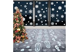 Whaline 14 Sheets Christmas Floor Decals Sticker Decoration Blue Santa Footprint Snowflake Wall Floor Window Clings for Xmas Winter Holiday Party Decor