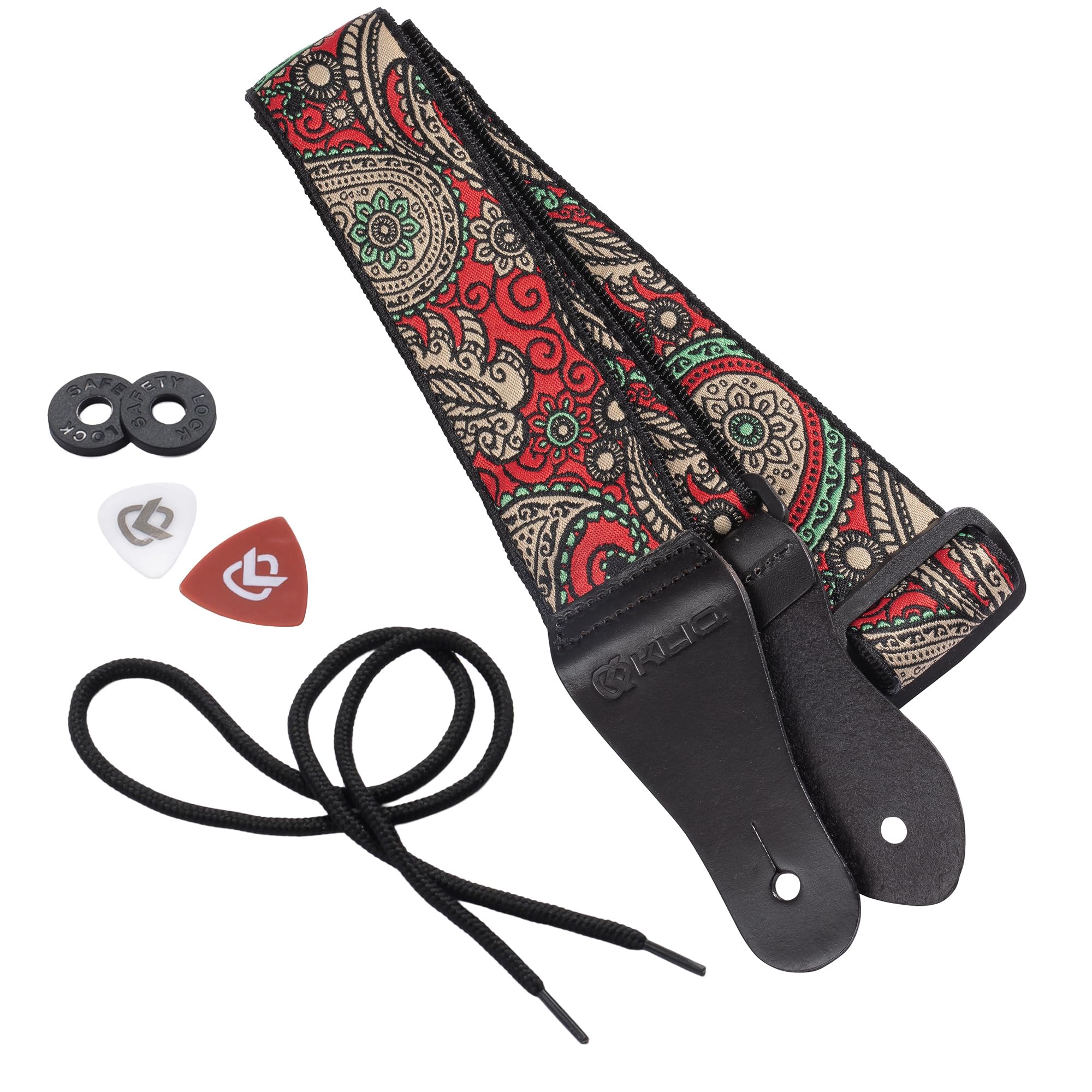 KLIQ Vintage Woven Guitar Strap for Acoustic and Electric Guitars | '60s Jacquard Weave Hootenanny Style | 2 Rubber Strap Locks Included (Red & Turquoise Paisley)