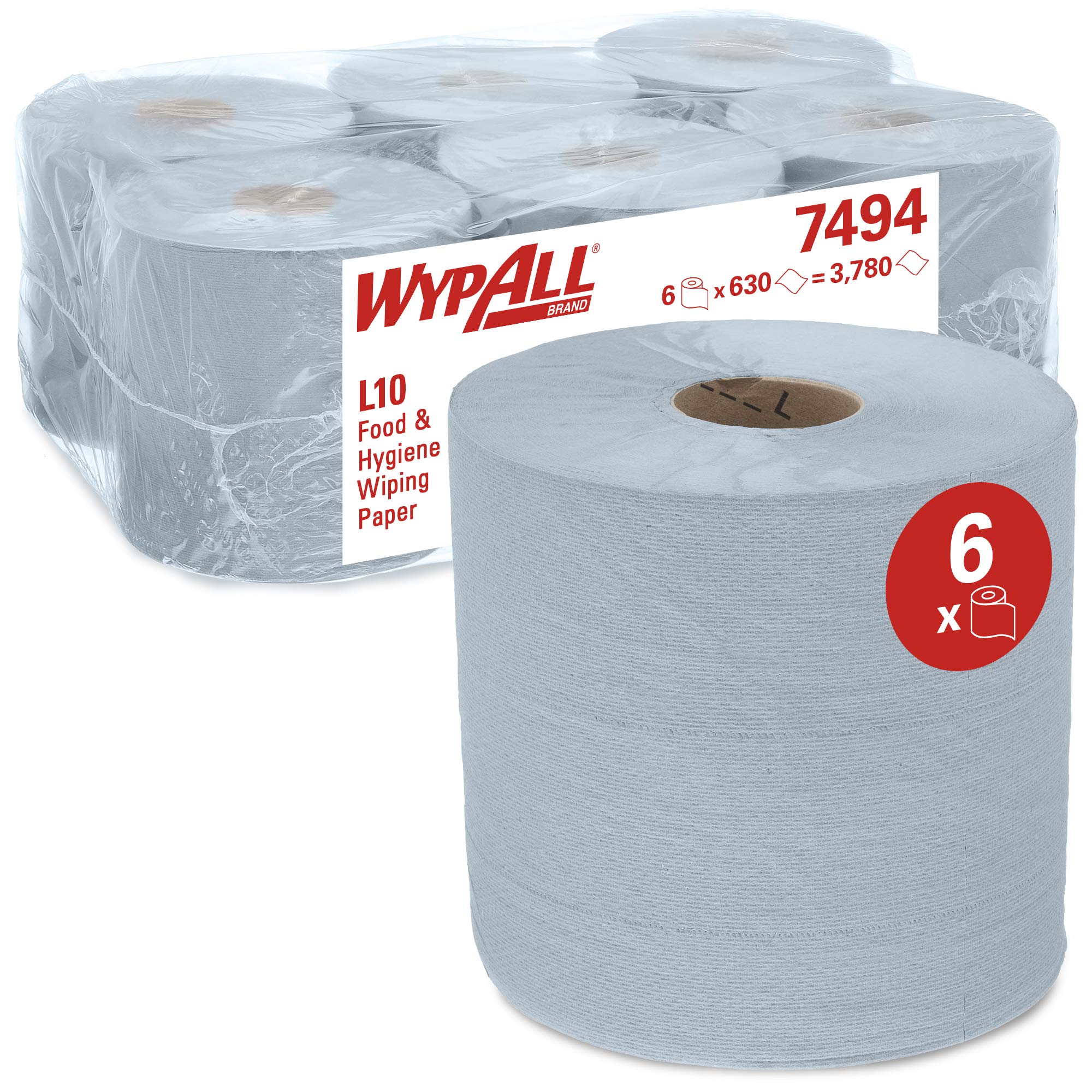 WypAll L10 Food & Hygiene Wiping Paper 7494 - Centrefeed Roll for Roll Control and ReachPlus Dispensers - 6 Blue Rolls x 630 Paper Wipers (3,780 Total)