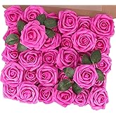 MACTING Artificial Flower Roses 30PCS Real Touch Fake Spring Flowers with Stem Foam Roses for Wedding DIY Bouquets Table Centerpieces Party Bridal Shower Home Valentines Day Decorations(Fuchsia)