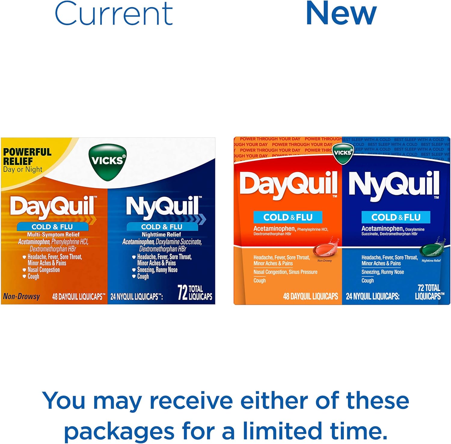 Vicks Dayquil and Nyquil Cough, Cold and Flu Relief, 72 LiquiCaps (48 Dayquil, 24 Nyquil) - Sore Throat, Fever, and Congestion Relief (Packaging May Vary): Health & Personal Care