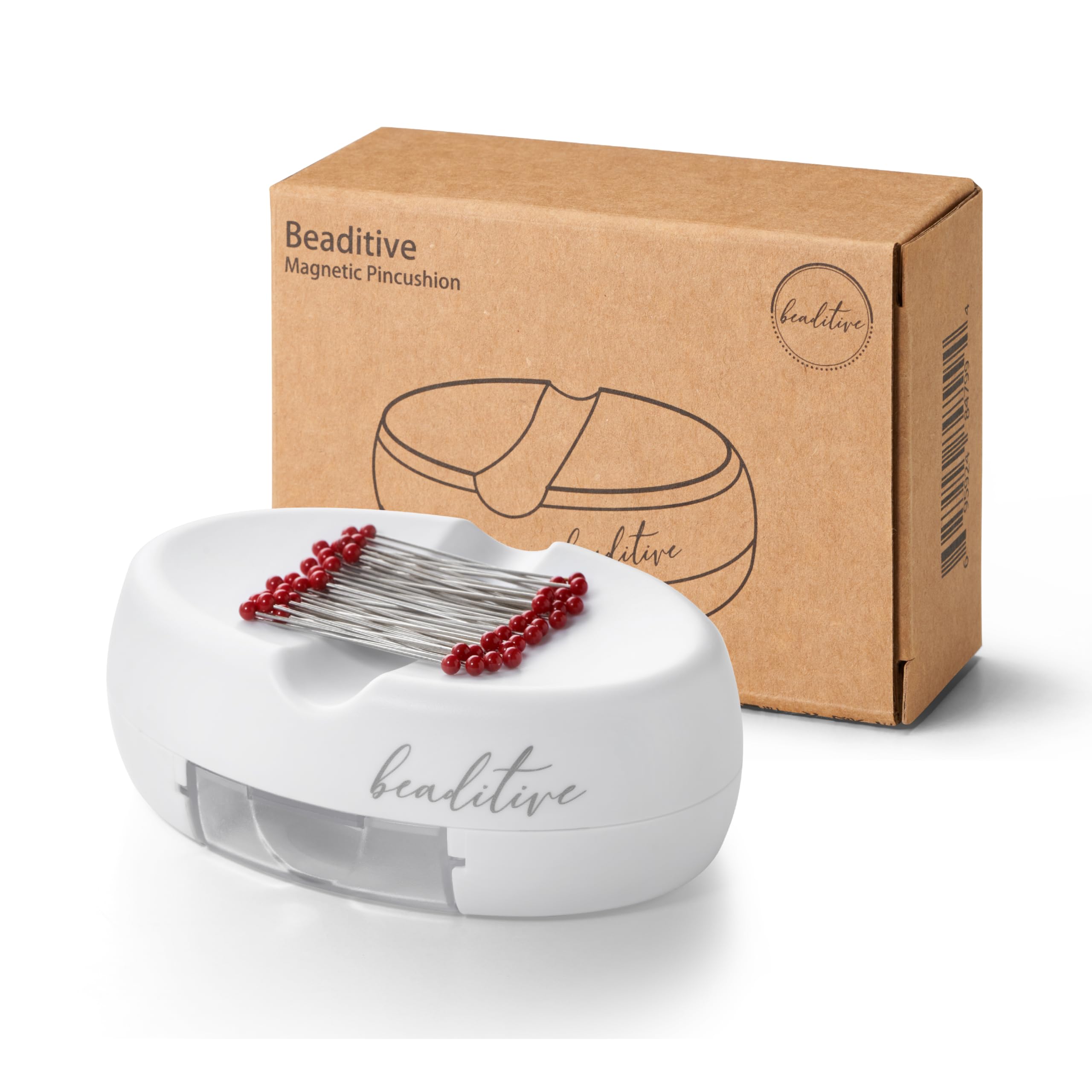 Beaditive Magnetic Pin Cushion with Drawer - Strong Magnet Pin Holder Cushions for Sewing - 50 Glass Head Quilting Pins Included - Chic Pincushion Caddy for Sewing Pins, Paper Clips, Screws – White